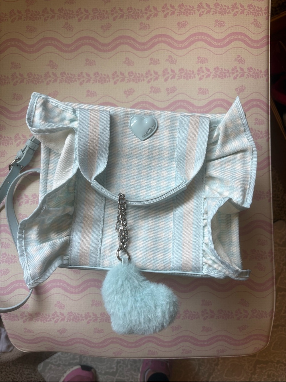 Betsey Johnson Light Blue Striped Mini Crossbody with Heart Pom